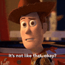 a picture of woody from toy story with the words it 's not like that okay
