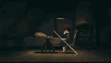 a witch is sitting at a table with a broom