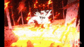 a cartoon of a person being thrown into a fire and the words `` you '' coming out of it .