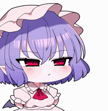 a little girl with purple hair and red eyes