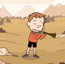 a cartoon of a boy holding a stick with mountains in the background
