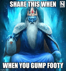 ice king from adventure time is sitting on a throne holding a penguin and a penguin .