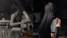 a woman with long dark hair is standing next to another woman with shorter hair