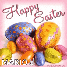 a happy easter card with easter eggs and the name mario on it