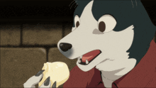 a cartoon character with a wolf 's head is holding a piece of food