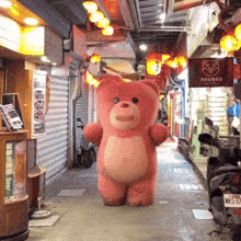 a pink teddy bear is walking down a street with a sign that says nk-537