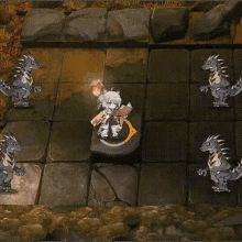 a video game is being played on a tiled floor with dragons on it .