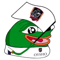 a cartoon frog holding a flag that says oysho