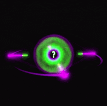 a green and purple circle with a question mark inside of it on a black background .