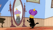 a black cat wearing a purple crown is looking at itself in a mirror