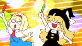 a cartoon drawing of two girls holding up glowing sticks