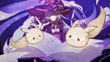 a drawing of a witch reading a book with two rabbits on it