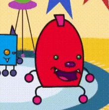 a cartoon drawing of a red monster with green eyes and pink arms and legs