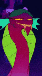 a cartoon drawing of a dragon with a green leaf around its neck