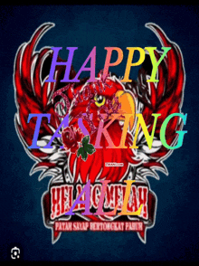a poster that says happy taking with a red rooster
