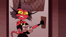 a cartoon character holding a tray of starbucks coffee cups