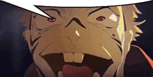 a close up of a cartoon character with his mouth open and a speech bubble above his head .