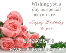 a birthday card for elizabeth with pink roses and green leaves