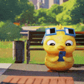 a cartoon duck wearing sunglasses is looking at a phone