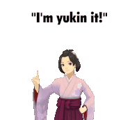 a cartoon girl in a kimono is pointing up with the words " i 'm yukin it " above her