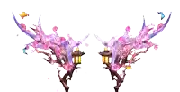 two trees with lanterns and flowers on them