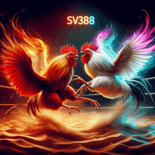 two roosters are fighting in a boxing ring with sv388 on the bottom