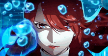 a woman with red hair is surrounded by bubbles