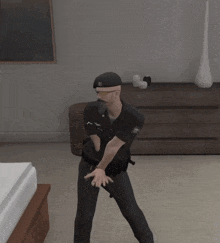 a man in a police uniform stands in a bedroom