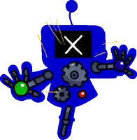 a cartoon drawing of a blue robot with a x on its face