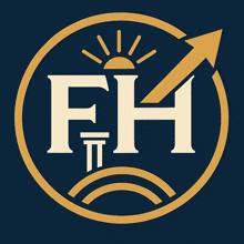 a logo for a company called fh with a sun and arrow