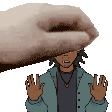 a hand is covering a man 's face in a pixel art style .