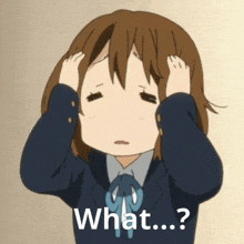 a cartoon girl is holding her head and the words " what " are above her
