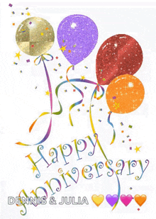 a happy anniversary greeting card with balloons and confetti