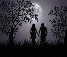 a man and a woman are holding hands in front of a full moon