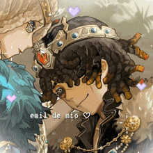 a drawing of a woman kissing a man with the words emil de mio written below them