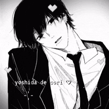 a black and white drawing of a man in a suit and tie with the name yoshida de sori written below him