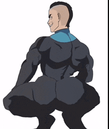 a cartoon drawing of a man in a black suit with a blue collar