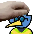 a person is petting a cartoon bird with glasses on .