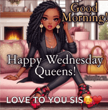 a cartoon of a woman sitting on a couch with the words happy wednesday queens
