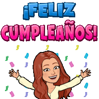 a cartoon woman with her arms outstretched and the words feliz cumpleanos behind her