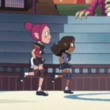two cartoon girls are running in a stadium with a dragon in the background .