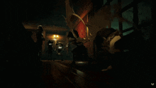 a video game is being played in a dark room with a skeleton holding a sword