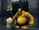 a couple of cartoon characters standing next to each other in a dark room