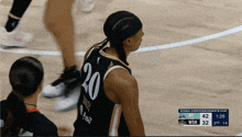 a basketball player wearing a number 20 jersey stands on the court