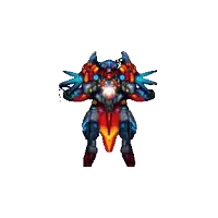 a pixel art drawing of a robot with a flame coming out of it 's chest