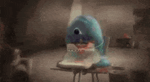 a cartoon character is sitting at a desk in a room with a projector .