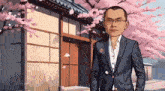 a cartoon of a man in a suit and glasses standing in front of a building with cherry blossoms .