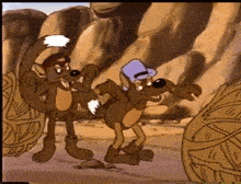 two cartoon animals are standing next to each other and one has a hat on