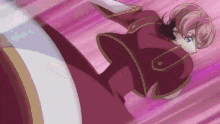 a girl with pink hair and a red dress is kicking a ball .