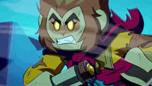 a cartoon of a monkey holding a sword with the letter x on it
